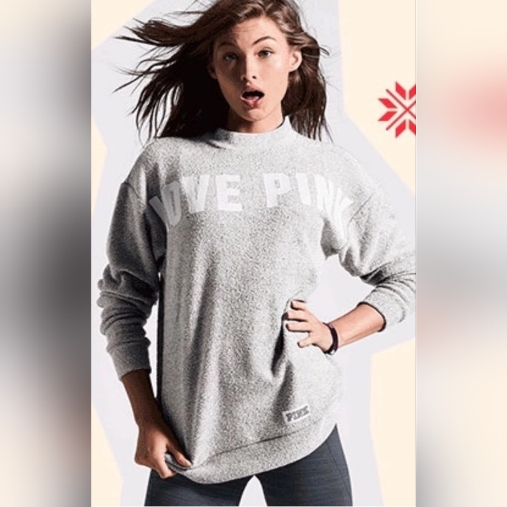 PINK Victoria Secret Mock Neck Pullover Sweater Sweatshirt Textured Gray Love XS